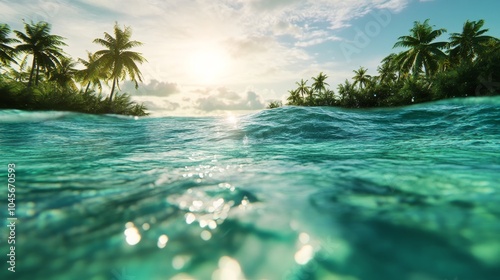 Tropical lagoon with glowing light box reflection, calm ocean waves, lush green backdrop, paradise seascape.