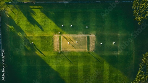 Players engage in an exciting cricket match on a lush green field, with the afternoon sun casting long shadows over the pitch and surrounding area.