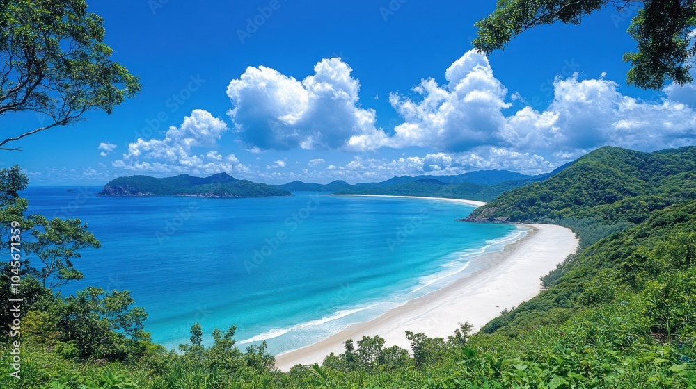 Fototapeta premium A panoramic view of a pristine white sand beach with crystal clear blue water and lush green foliage.
