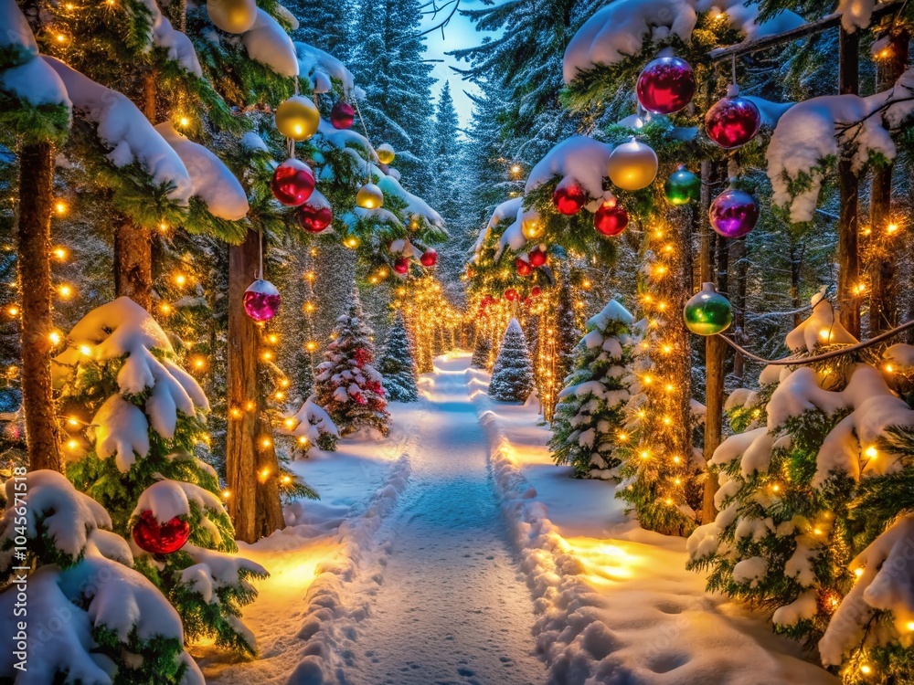 Fototapeta premium Enchanting Christmas Passage Through Snowy Forest with Twinkling Lights and Festive Decor