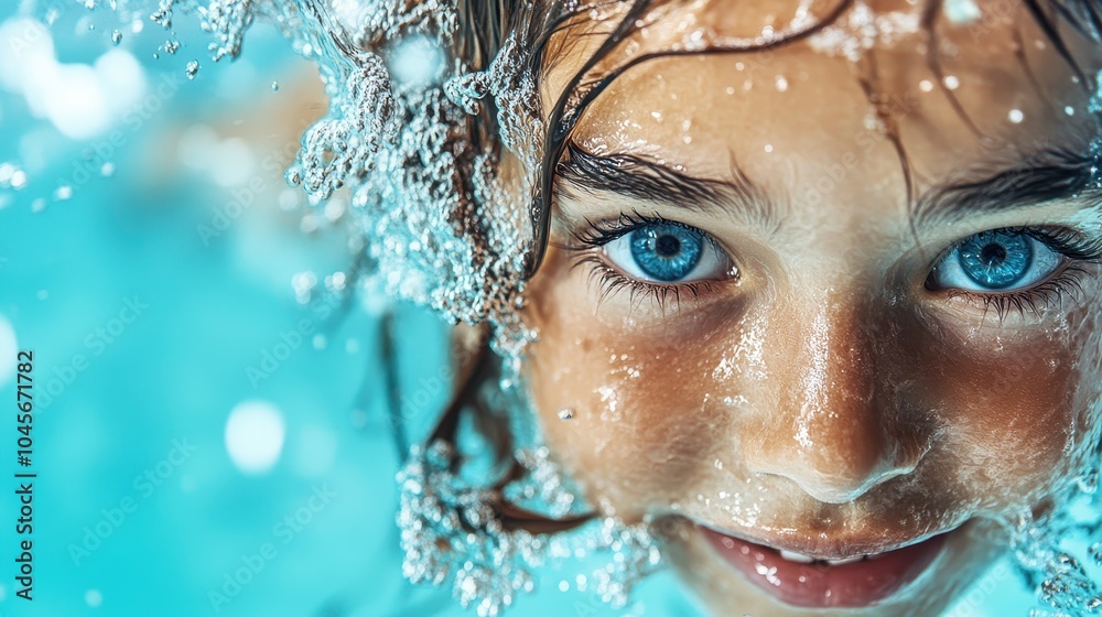A joyful child is immersed in water, with bubbles and ripples surrounding them, highlighting their bright blue eyes and infectious smile, evoking delight and cheer. A joyful child is immersed in water, with bubbles and ripples surrounding them, highlighting their bright blue eyes and infectious smile, evoking delight and cheer.