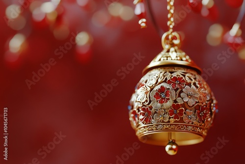 Decorative golden bell adorned with floral designs against a vibrant, red background photo