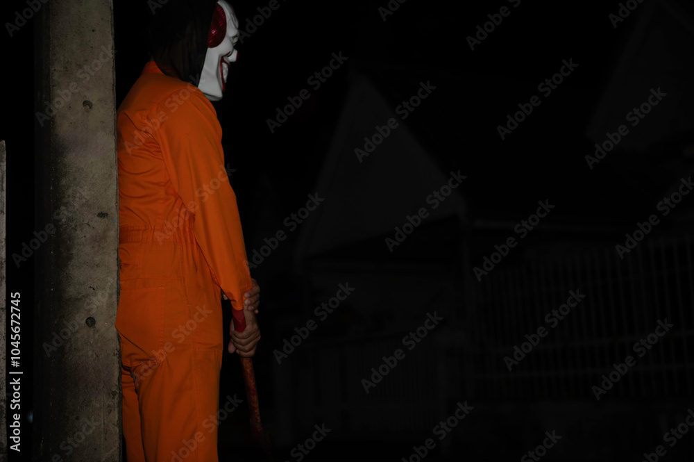 Asian handsome man wear clown mask with weapon at the night scene,Halloween festival concept,Horror scary photo of a killer in orange cloth Asian handsome man wear clown mask with weapon at the night scene,Halloween festival concept,Horror scary photo of a killer in orange cloth