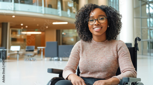 Young black woman with curly hair in a wheelchair smiling at work in a modern office during the day photo