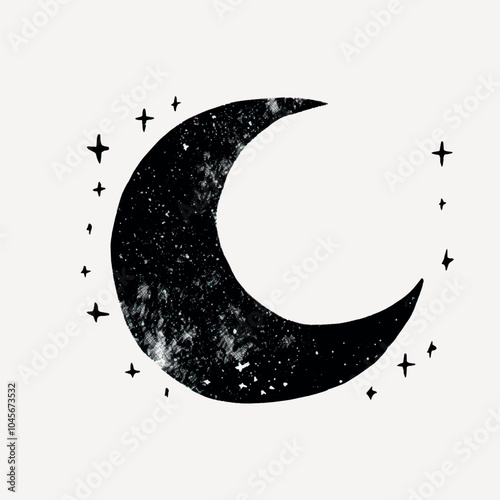 Grunge crescent moon with stars