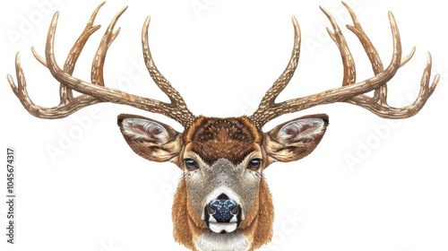 Elegant watercolor illustration of a deer head with intricate branching antlers on white canvas photo