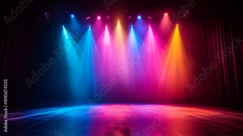 Surreal rainbow hues in dramatic theater spotlight, vibrant stage design.