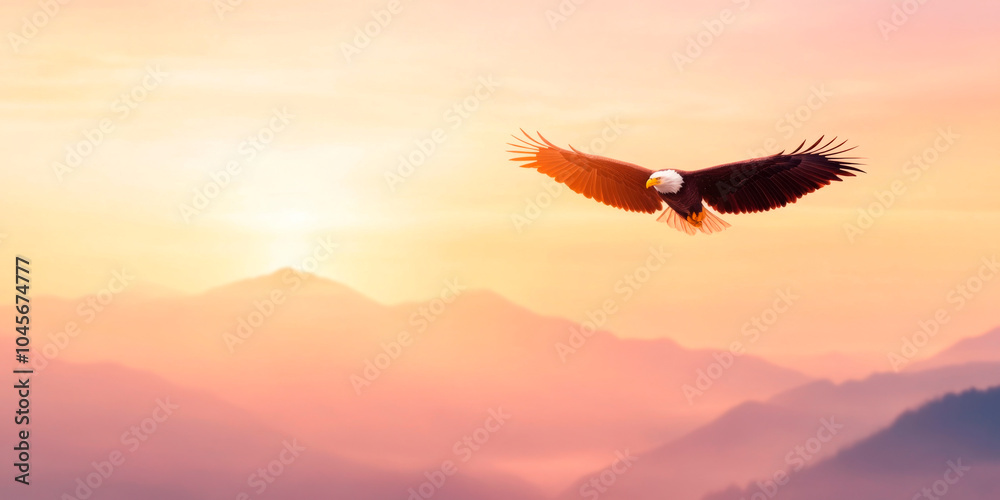 Fototapeta premium Silhouetted eagle flying at sunset over mountainous terrain, capturing the essence of freedom and natural beauty, perfect for themes of wilderness and inspiration