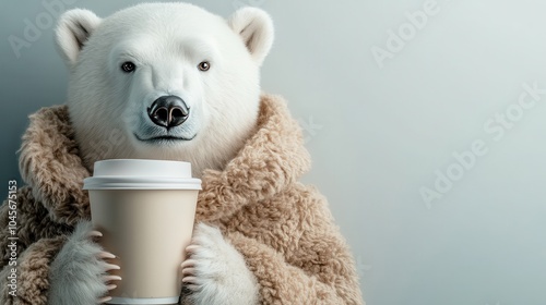 A close-up view of a polar bear holding a coffee cup. The bear is wearing a fluffy coat, capturing a sense of warmth, comfort, and playfulness.