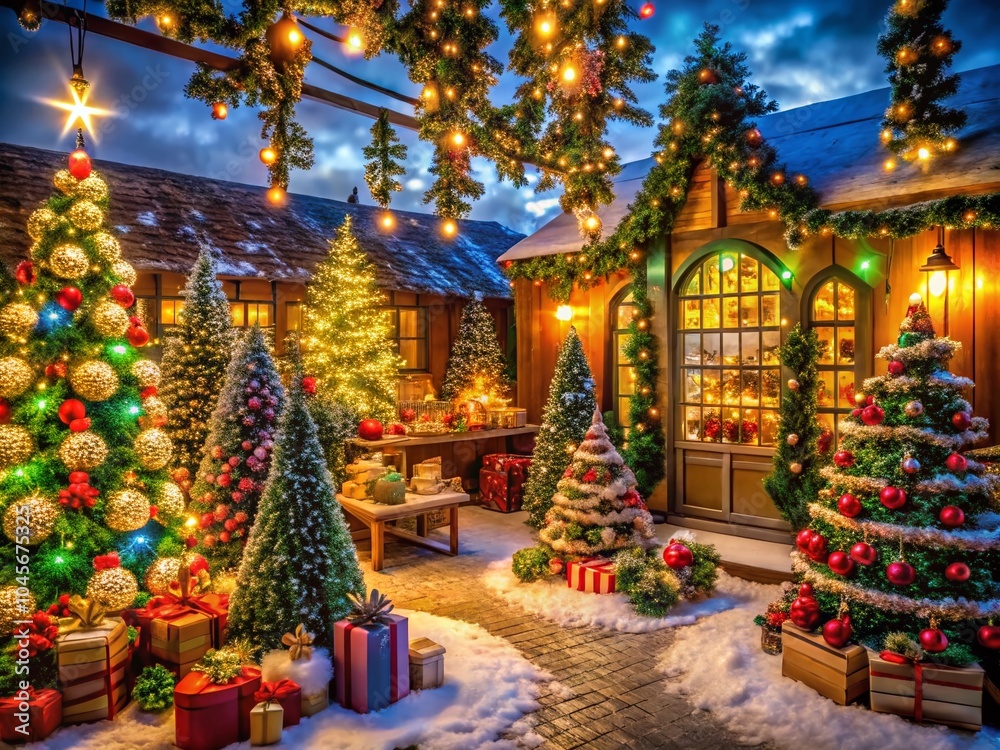 Enchanting Long Exposure of a Christmas Workshop Filled with Holiday Decorations and Santa's Workshop Magic