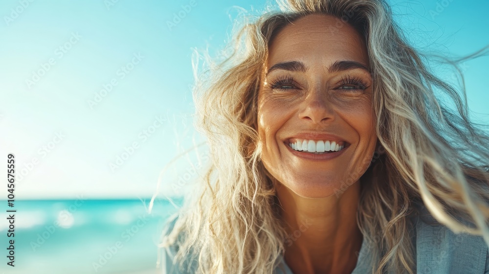 Laughing woman with wind-tousled hair enjoys a carefree day by the ocean, capturing the essence of joy and freedom beneath a brilliant blue sky. Laughing woman with wind-tousled hair enjoys a carefree day by the ocean, capturing the essence of joy and freedom beneath a brilliant blue sky.