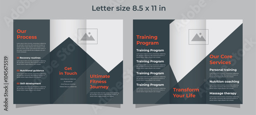 Trifold brochure template for gym and fitness compagny in Deep Teal and orange colors