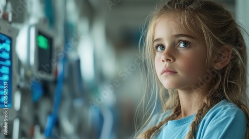 Wallpaper Mural A thoughtful child gazes intensely in a hospital, amidst high-tech medical equipment, reflecting determination and resilience despite the clinical environment. Torontodigital.ca