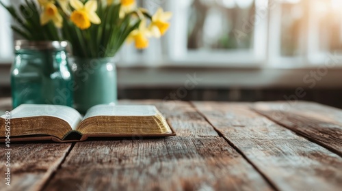 An open book lies on a rustic wooden table, accompanied by a jar filled with vibrant yellow daffodils, creating a cozy, nostalgic reading atmosphere. photo