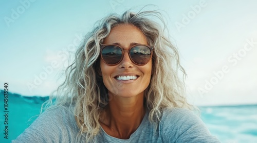 A smiling woman with curly hair and sunglasses enjoys the bright sun at the beach, radiating warmth and a sense of carefree relaxation by the sea. photo