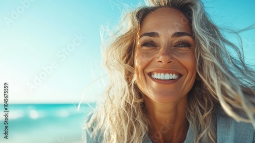 Laughing woman with wind-tousled hair enjoys a carefree day by the ocean, capturing the essence of joy and freedom beneath a brilliant blue sky.