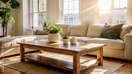 A cozy living room featuring a sunlit wooden coffee table with a potted plant in the foreground The soft-focus background includes a couch and large windows letting in natural light