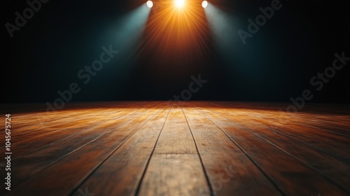 Intense theater spotlight illuminates light box on stage floor, creating high contrast with center stage focus. photo