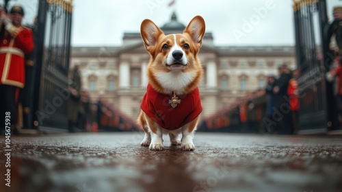 A charming Corgi dog dressed in a red coat sits proudly in front of a famous royal palace, embodying a sense of tradition and elegance in a classic setting. photo
