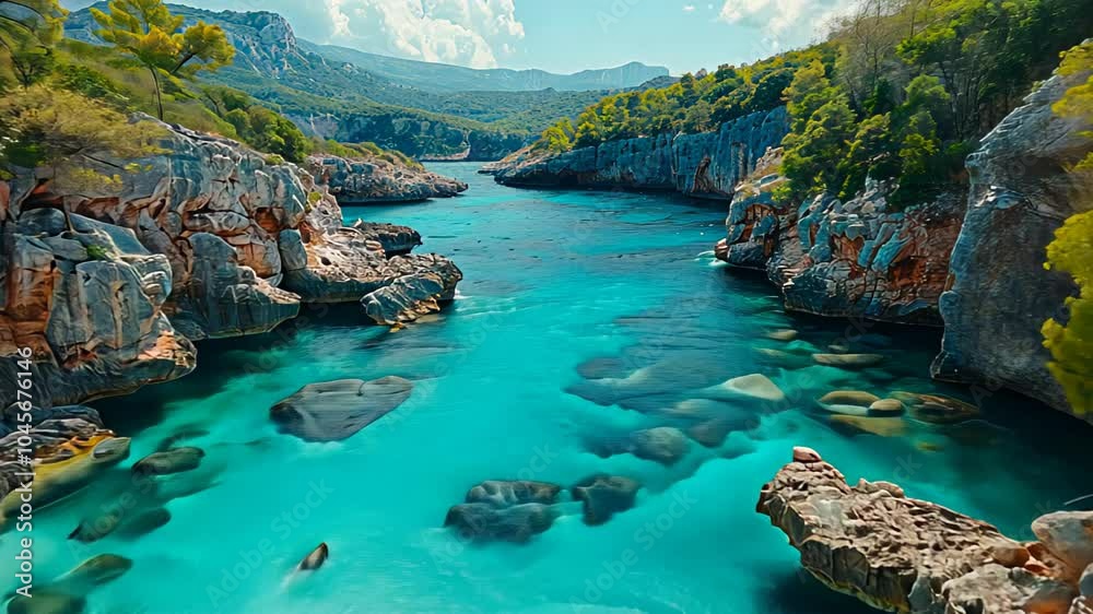 Turquoise water flowing through a rocky cove surrounded by lush greenery and mountains in the distance under a bright blue sky.