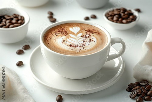 A beautifully crafted cup of coffee with latte art on a white table with stains