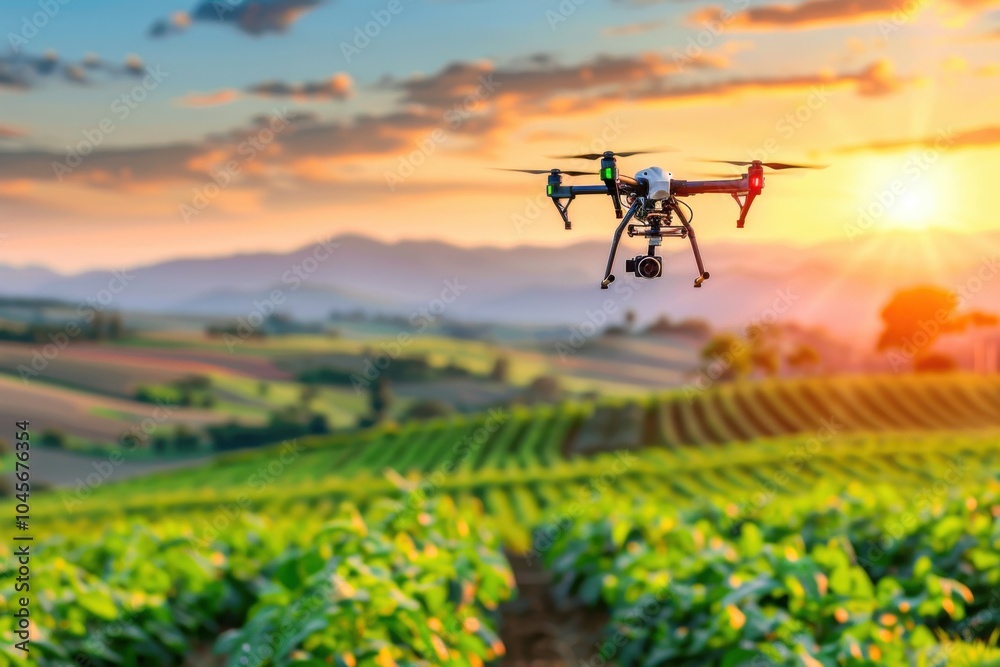 A high-tech drone hovering above a lush farm field, capturing data, with rolling hills and a vibrant blue sky adding depth to the image 
