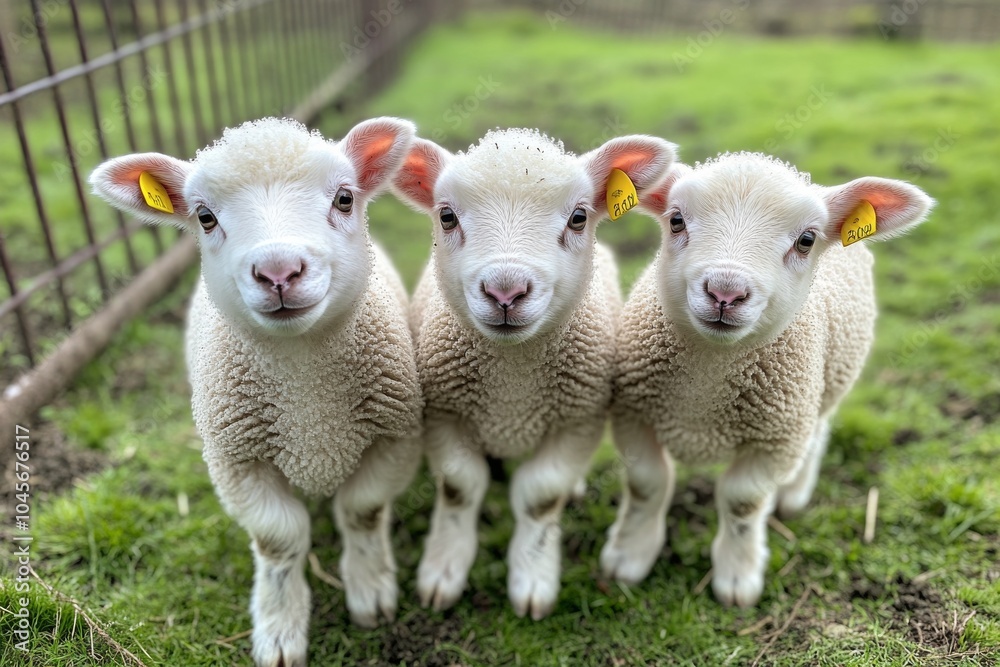 Three adorable lambs standing together on a green pasture during a sunny day Three adorable lambs standing together on a green pasture during a sunny day