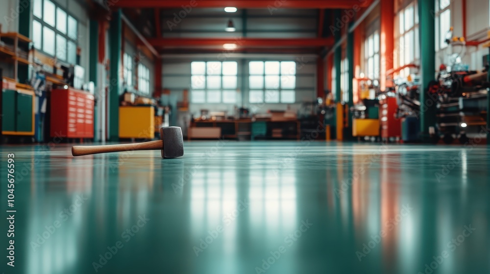 Fototapeta premium A spacious industrial workshop features a reflective green floor with a lone sledgehammer in focus, surrounded by machinery and vibrant hues emphasizing functionality.