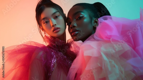 Beautiful Asian and melanated baddies in tulle dresses, portrait style. photo