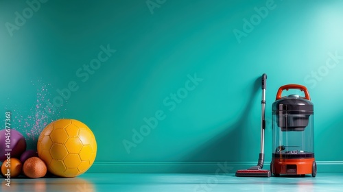 A vibrant image features a modern vacuum cleaner placed next to a cluster of colorful spheres on a clean teal floor, symbolizing a blend of order and play. photo