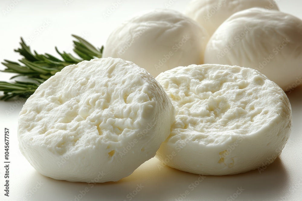 Fresh Mozzarella Cheese Balls with Rosemary on White Background Fresh Mozzarella Cheese Balls with Rosemary on White Background