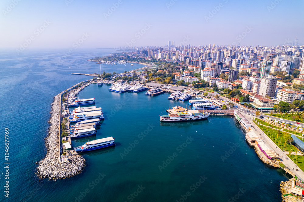 Fototapeta premium Bostanci District in Kadikoy. Istanbul, Turkey. Beautiful aerial view with drone shot.