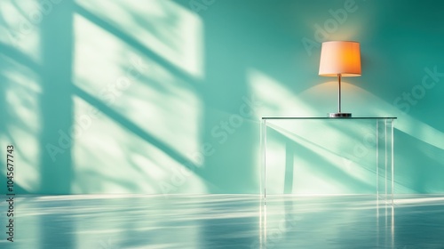 A minimalist setup featuring a sleek glass table and a contemporary lamp casting soft shadows against a turquoise wall, creating a calm, elegant atmosphere. photo