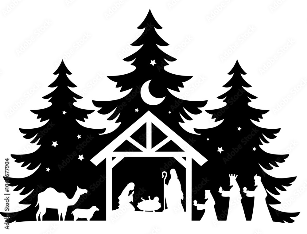 Naklejka premium Christmas scene vector illustration, winter vinyl decal for window. Winter vector scene. 