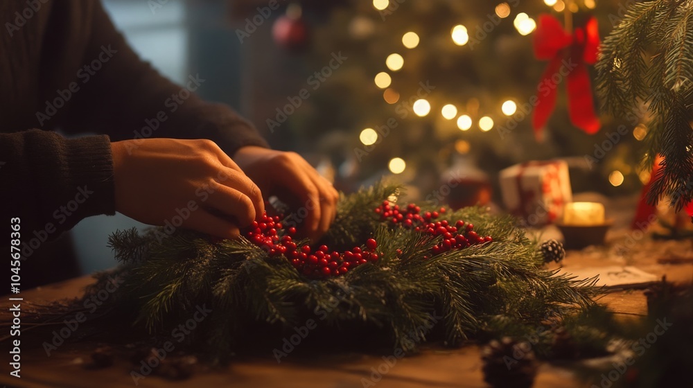 Fototapeta premium In a warm, inviting atmosphere, hands delicately arrange red berries onto a lush green wreath. Soft lights twinkle in the background, enhancing the holiday spirit while crafting beautifully.
