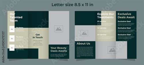 Trifold brochure for beauty care in dark green and Light Sage colors