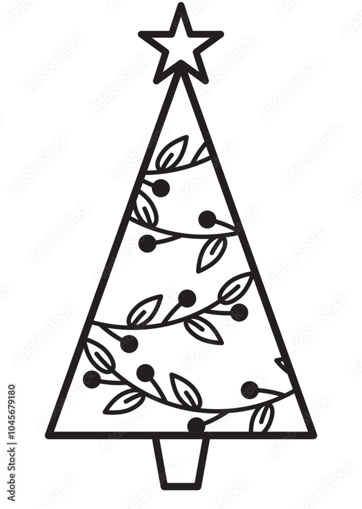 Christmas tree vector illustration with a star on the top. Silhouette of a Christmas tree. 