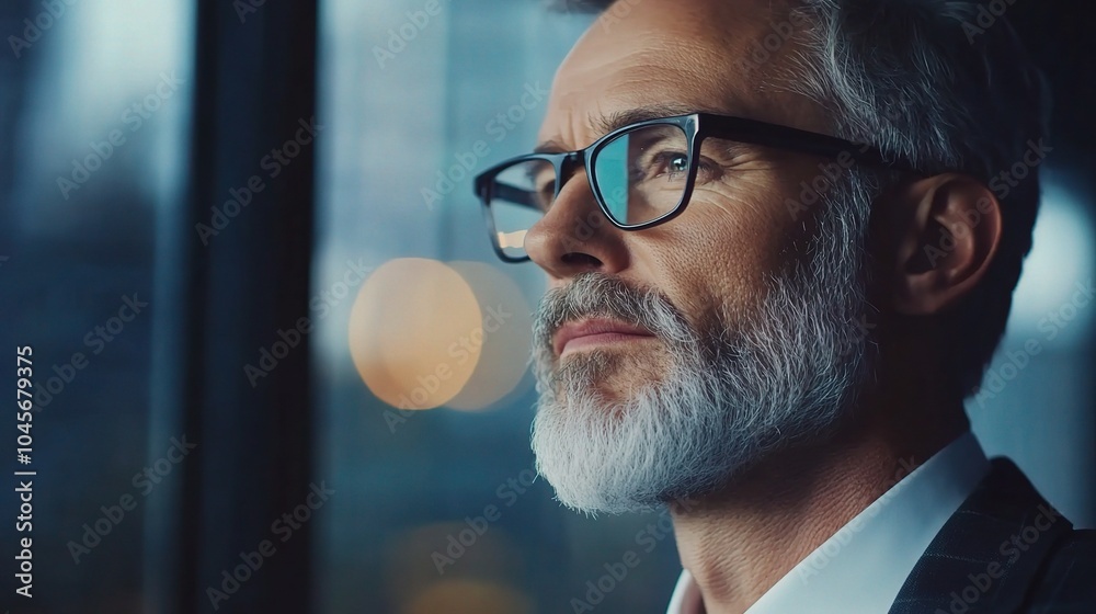 Thoughtful Man with Glasses Gazing Out of Window Thoughtful Man with Glasses Gazing Out of Window
