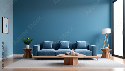 living room sofa wooden coffee tables front large blue wall rendering style design photo