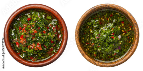 Top View of  Chimichurri Sauce Bowls, Isolated on Transparent Background, Great for Grilling Recipes, Cooking Blogs, and Argentine Cuisine Illustrations