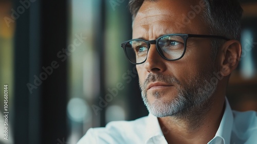 Thoughtful Man in Glasses with Neutral Background