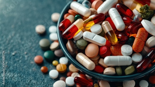 A bowl brimming with a mixture of colorful pills sits on a textured table surface, metaphorically reflecting the complexity of choices in health today. photo