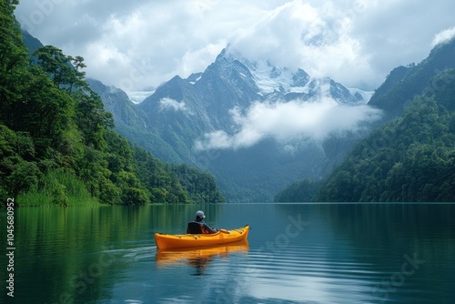 A person kayaking on a serene lake surrounded by mountains and lush greenery.