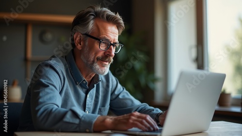 Engaging Senior Man Working Remotely on Laptop in Cozy Home Office