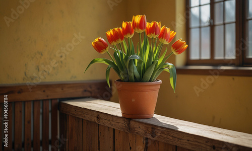 Bright Orange Tulips in a Terracotta Pot on a Wooden Railing #1045681114