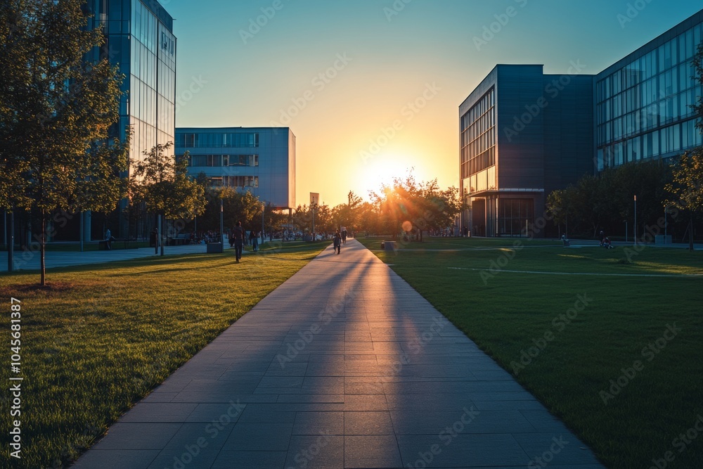 Fototapeta premium As the sun sets behind sleek buildings on a university campus, people stroll along the pathways, enjoying the tranquil evening atmosphere and vibrant sky