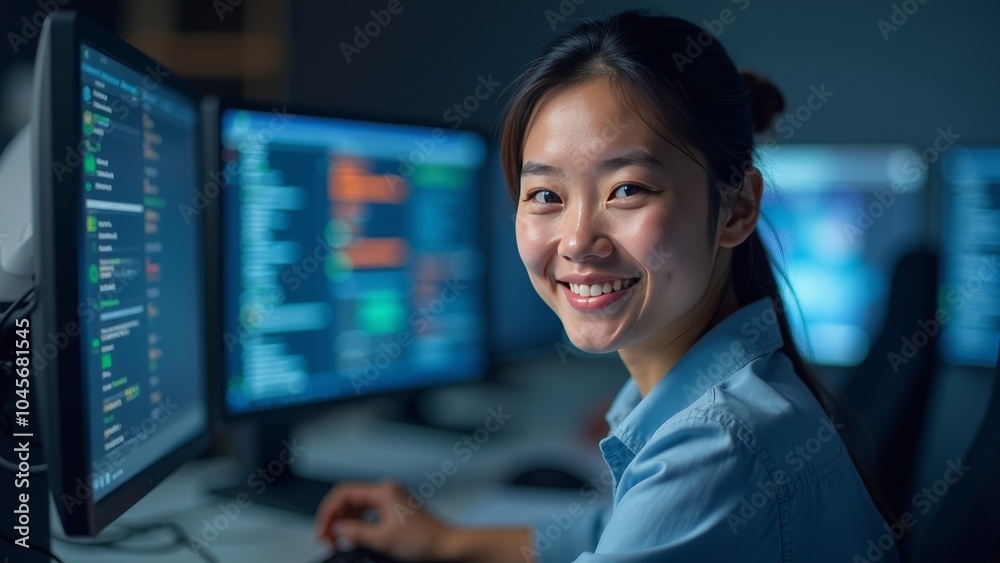 Confident Asian-American Cybersecurity Consultant Working with Modern Technology Confident Asian-American Cybersecurity Consultant Working with Modern Technology