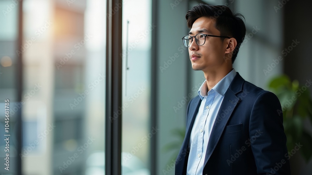 Focused Young Businessman in Smart Casual Attire by Modern Window Focused Young Businessman in Smart Casual Attire by Modern Window