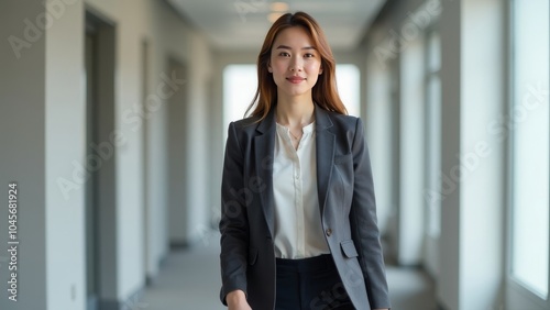 Young Professional Woman Walks with Purpose in Modern Office