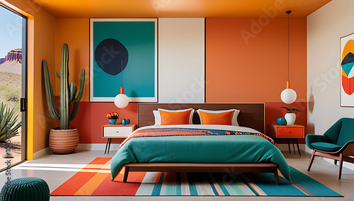 mid century southwestern style interior modern bedroom features bold colors retro furniture pieces
